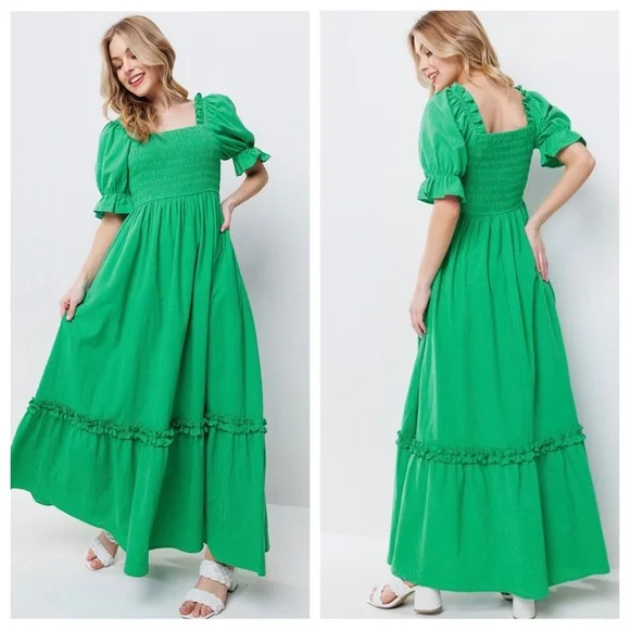 Boho Beautiful Linen Cotton Solid Smoking Detail Long Dress - Picture 3 of 5